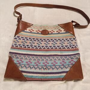 Boho Woven Artisan purse Bag Brown Leather Trim Colorful Geometric shoulder